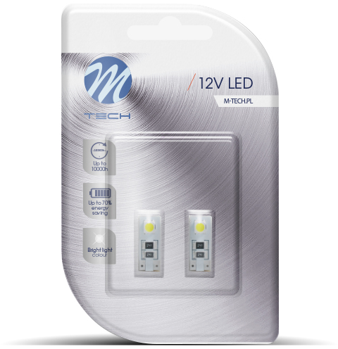 12V LED lámpák buborékcsomagolása. A szöveg tartalmazza a '12V LED'-et és a specifikációkat. Fehér háttér.