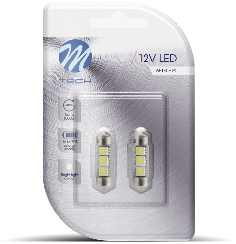 Egy csomag két LED-es autóvilágítással. A csomagon a szöveg: 12V LED és M-TECH.PL.