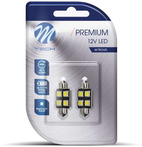 Két 12V-os LED-es autóizzó csomagolása, a termék részleteivel és márkainformációval az elején.