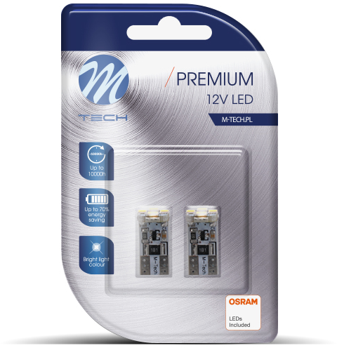 M-TECH Premium 12V LED lámpák csomagja. Két LED lámpa látható a csomagban.