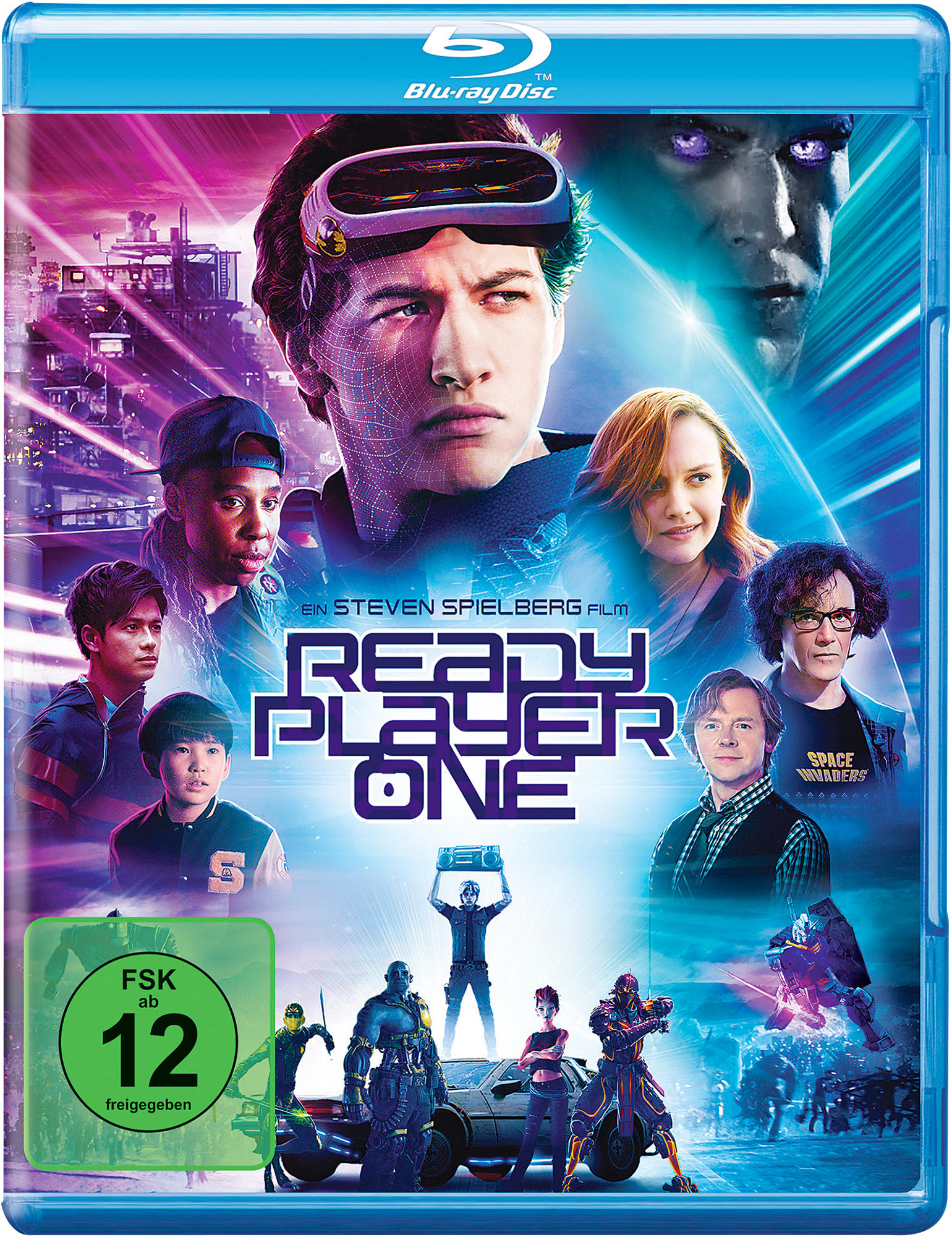 Blu-ray-Cover von Ready Player One, mit mehreren Charakteren und einer futuristischen Stadt.