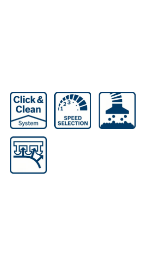 Ikonok szöveggel, beleértve a 'Click & Clean System' és 'Speed Selection' feliratokat, fehér háttéren.