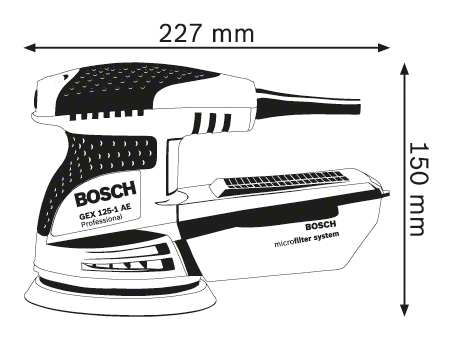 Egy csiszoló fekete-fehér vonalrajza. Megjeleníti a méreteket: 227 mm x 150 mm.