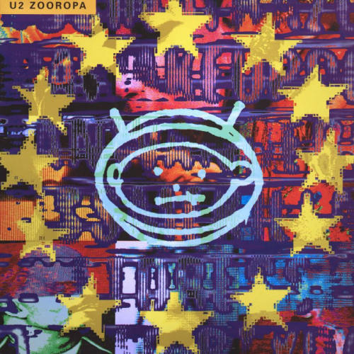 Couverture de l'album U2 Zooropa avec le design emblématique en forme d'œil et les étoiles jaunes.