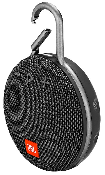Un altavoz JBL Clip negro y gris con un mosquetón. Logotipo naranja de JBL.