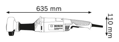 Fekete-szürke szerszámgép, méretekkel: 635 mm hosszú, 110 mm magas.