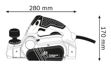 Bosch gyalu vázlat 280mm x 170mm méretekkel. Fekete-fehér körvonal fehér háttéren.
