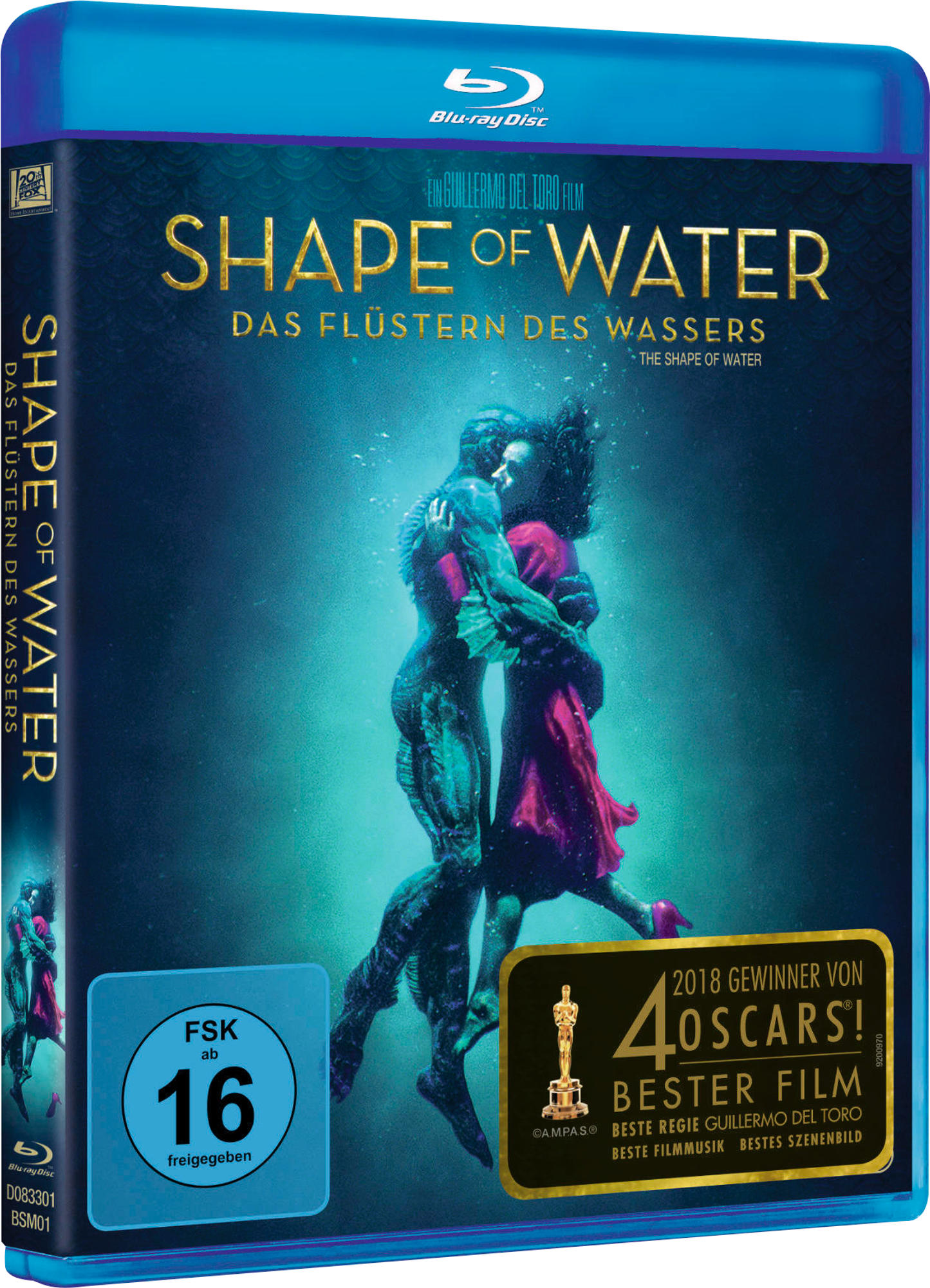 Blu-ray-Disc-Cover für 'The Shape of Water'. Zeigt einen Mann und eine Frau unter Wasser umarmt, blauer Hintergrund.