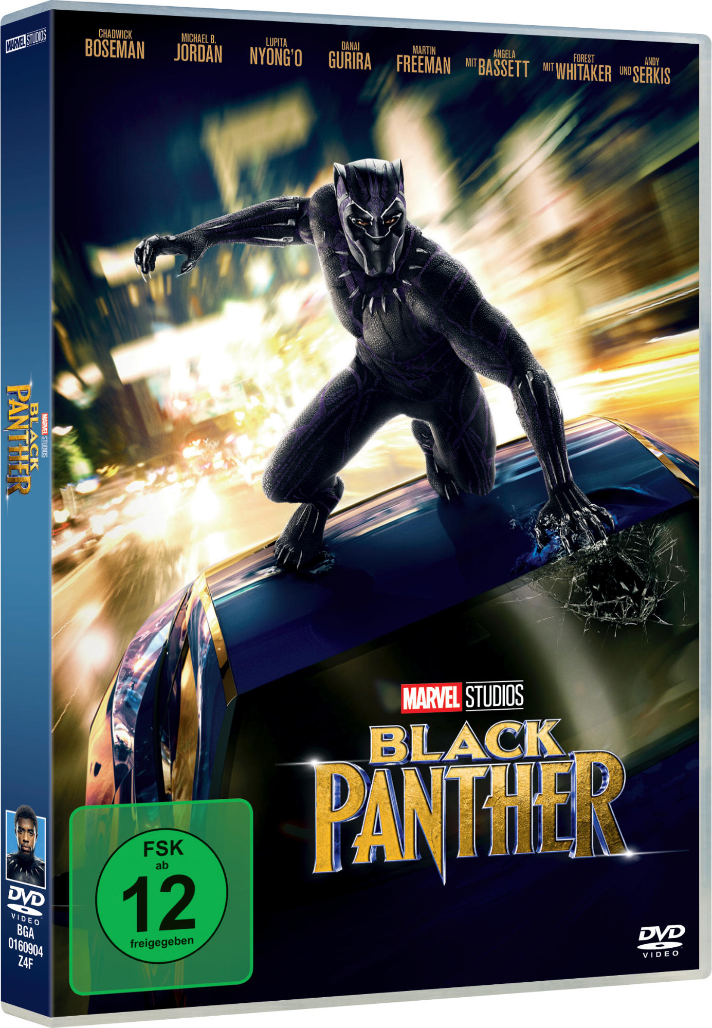 Black Panther DVD-Hülle. Black Panther auf einem Auto. Andere Charaktere und Stadt im Hintergrund.