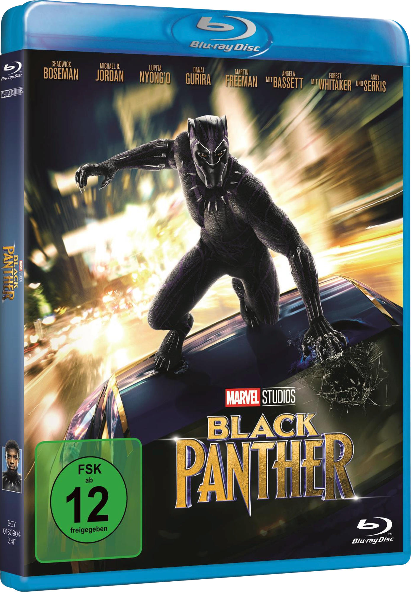 Black Panther Blu-ray-Box. Das Cover zeigt eine Black Panther Figur in Action. Filmtitel unten.