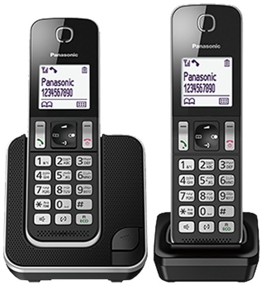 Deux téléphones sans fil Panasonic noirs, un sur socle, affichent des numéros. Les boutons sont visibles.