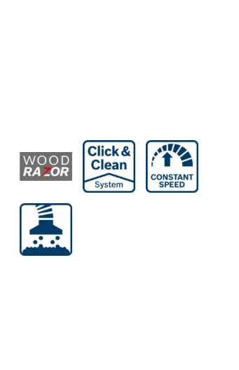 Logók: Wood Razor, Click & Clean, Constant Speed, és egy másik, extrakciós szimbólummal. Fehér háttér.