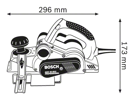 Egy Bosch elektromos gyalugép diagramja méretekkel és mérésekkel.