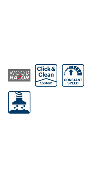 Wood Razor, Click & Clean System, Constant Speed logók és egy porszívó ikon, mind kék színben.