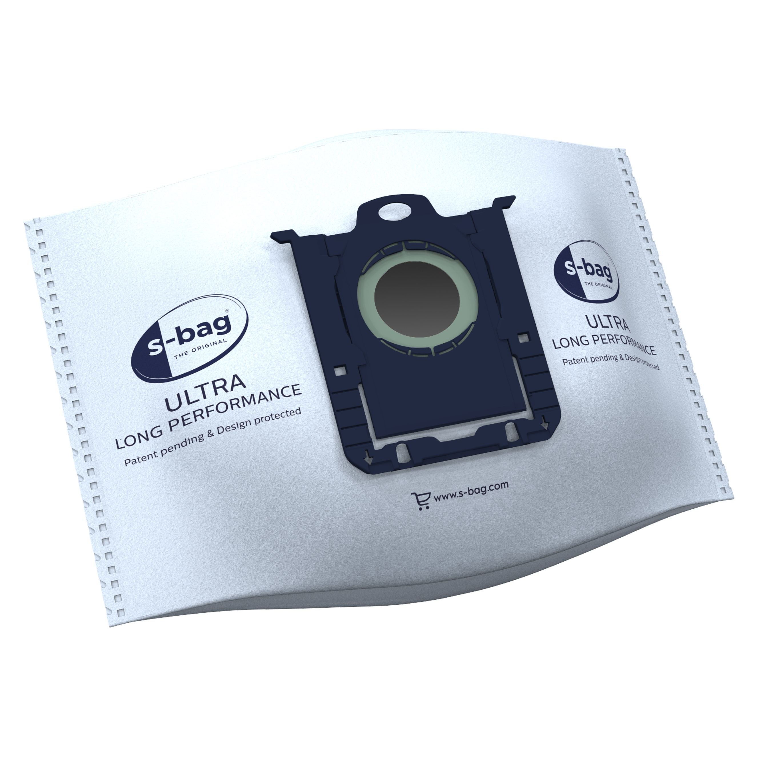 Ein weißer s-bag Staubsaugerbeutel mit dem s-bag-Logo und dem Text: ULTRA LONG PERFORMANCE.