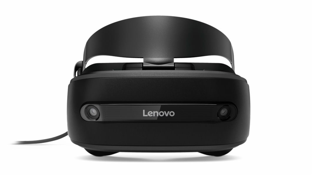 Lenovo VR-Headset, schwarz mit Frontplatte mit Lenovo-Logo. Das Headset befindet sich auf weißem Hintergrund.