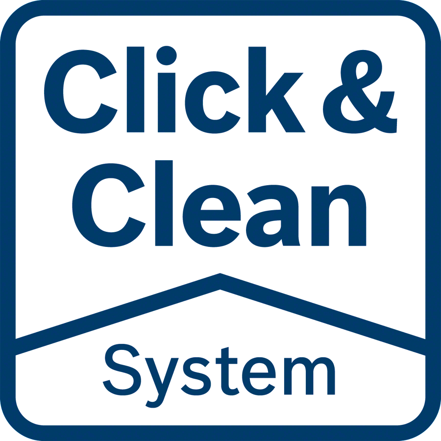 Click & Clean System logó egy fehér négyzetben. Kék szöveg és kék tető dizájn.