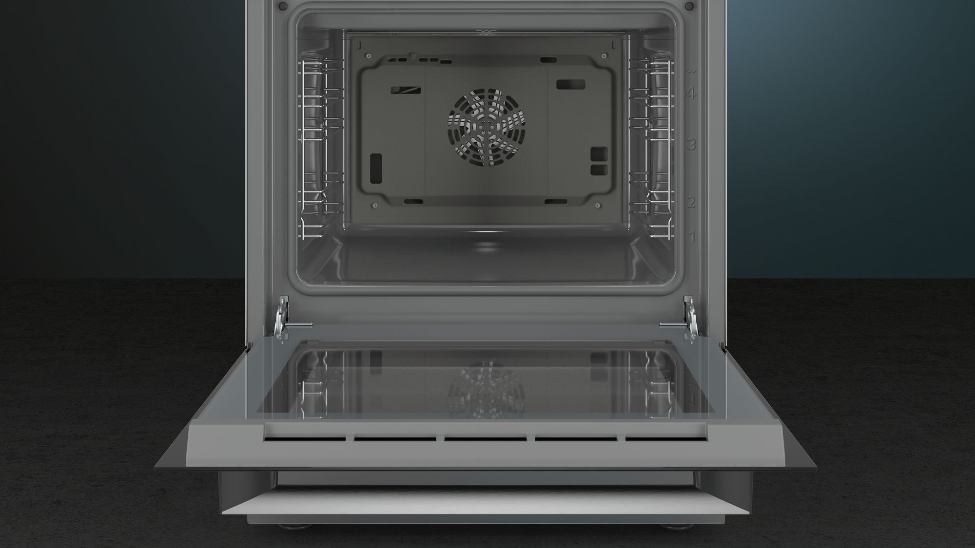 Oven interior with open door, fan visible, and glass door. The inside is dark.