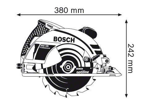 Egy Bosch körfűrész, méretekkel mm-ben. A fűrész nagyrészt fekete, némi ezüsttel.