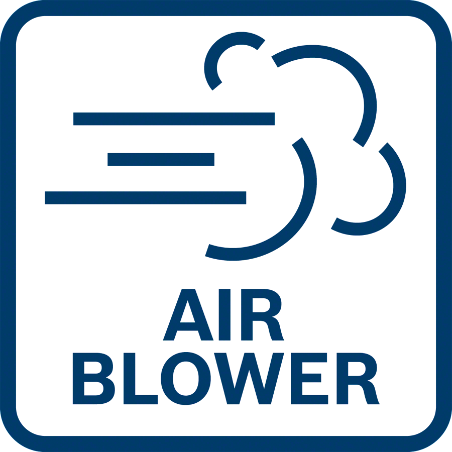 Négyzet alakú tábla kék szegéllyel. Egy légfúvó szimbólumot mutat az 'AIR BLOWER' szöveggel.