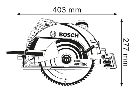 Bosch körfűrész méretekkel: 403 mm széles, 277 mm magas.