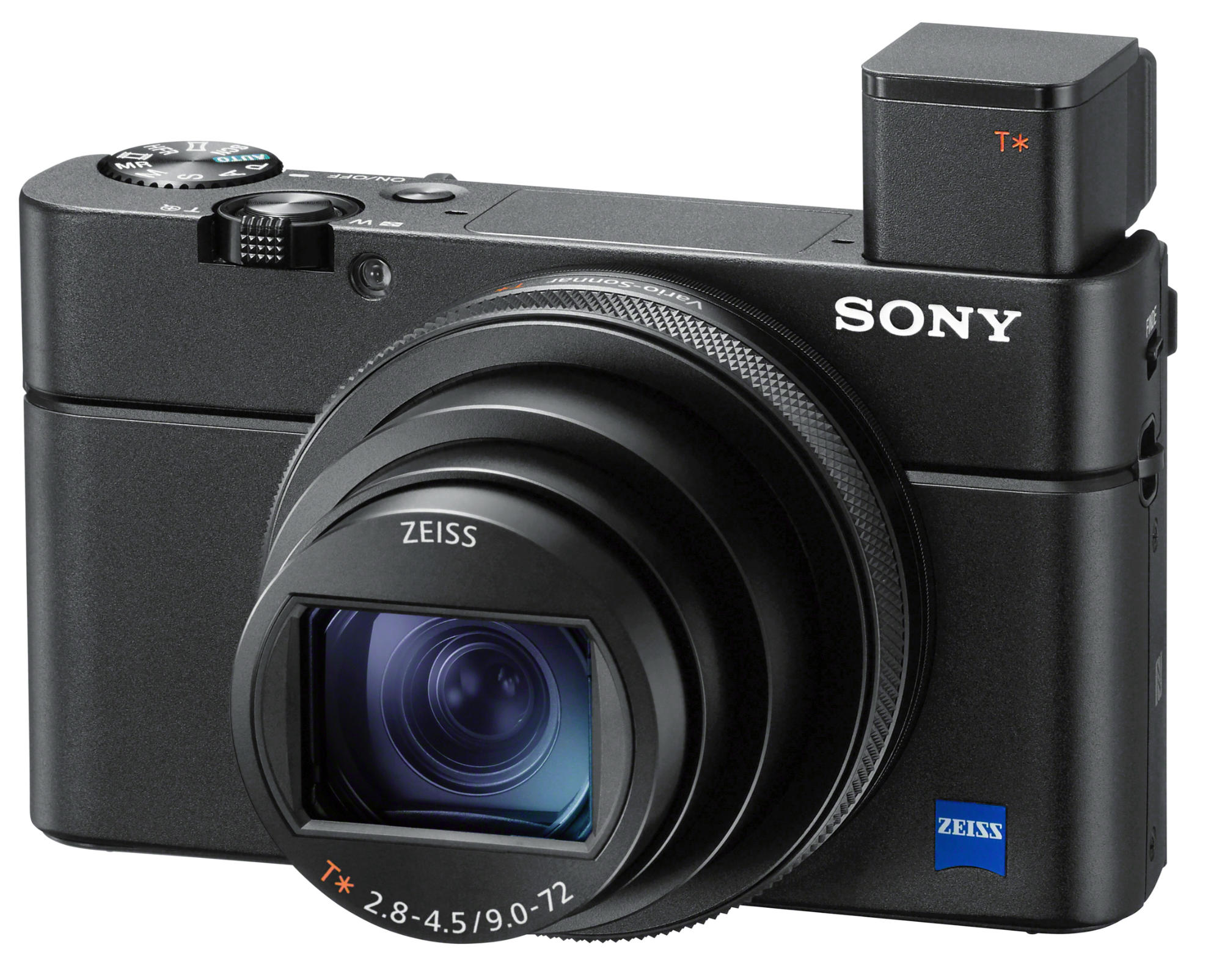 Schwarze Sony Kamera mit Zeiss-Objektiv. Sie hat einen ausklappbaren Sucher und einen Blitzaufsatz.