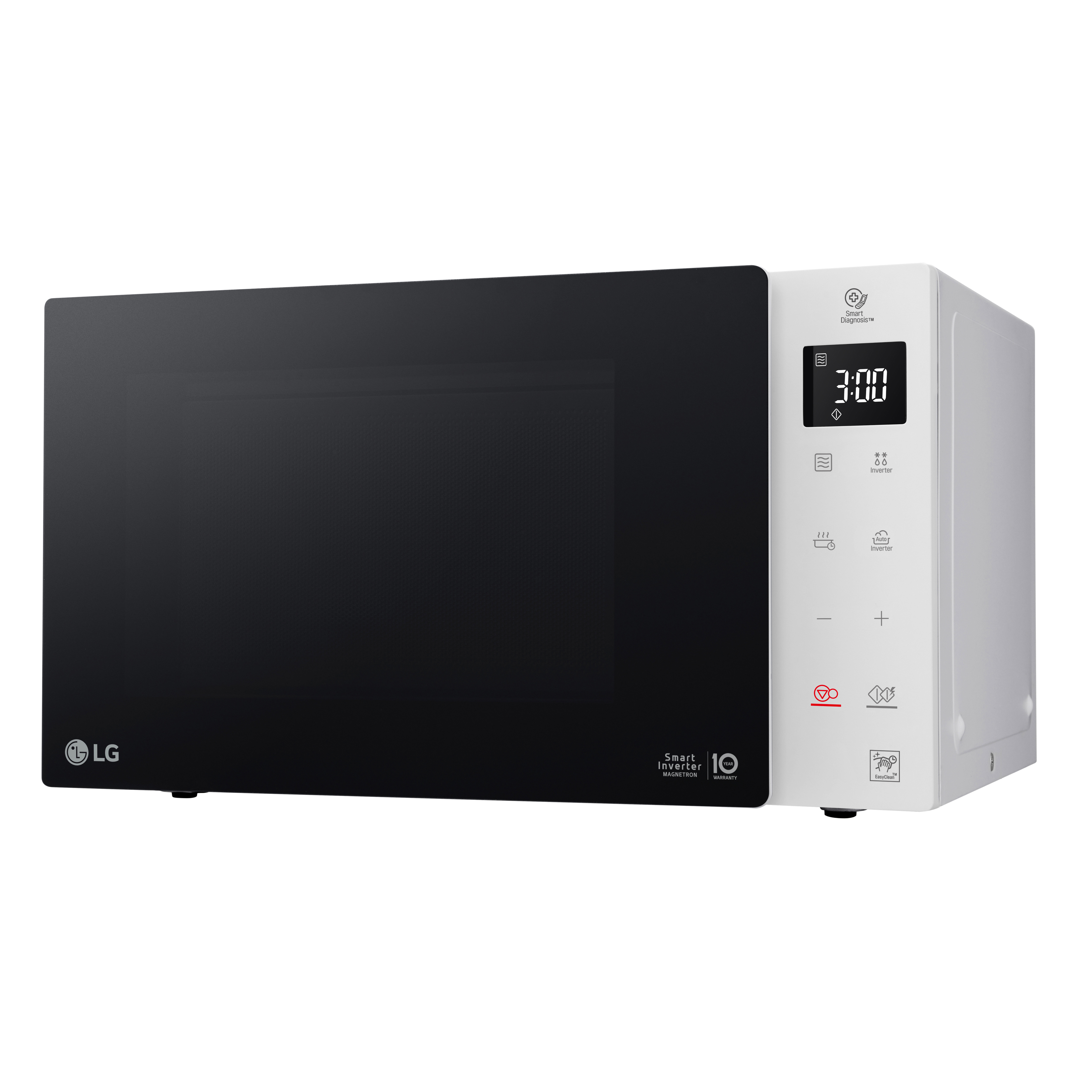 Weißer LG Mikrowellenherd mit schwarzer Tür und digitaler Anzeige.