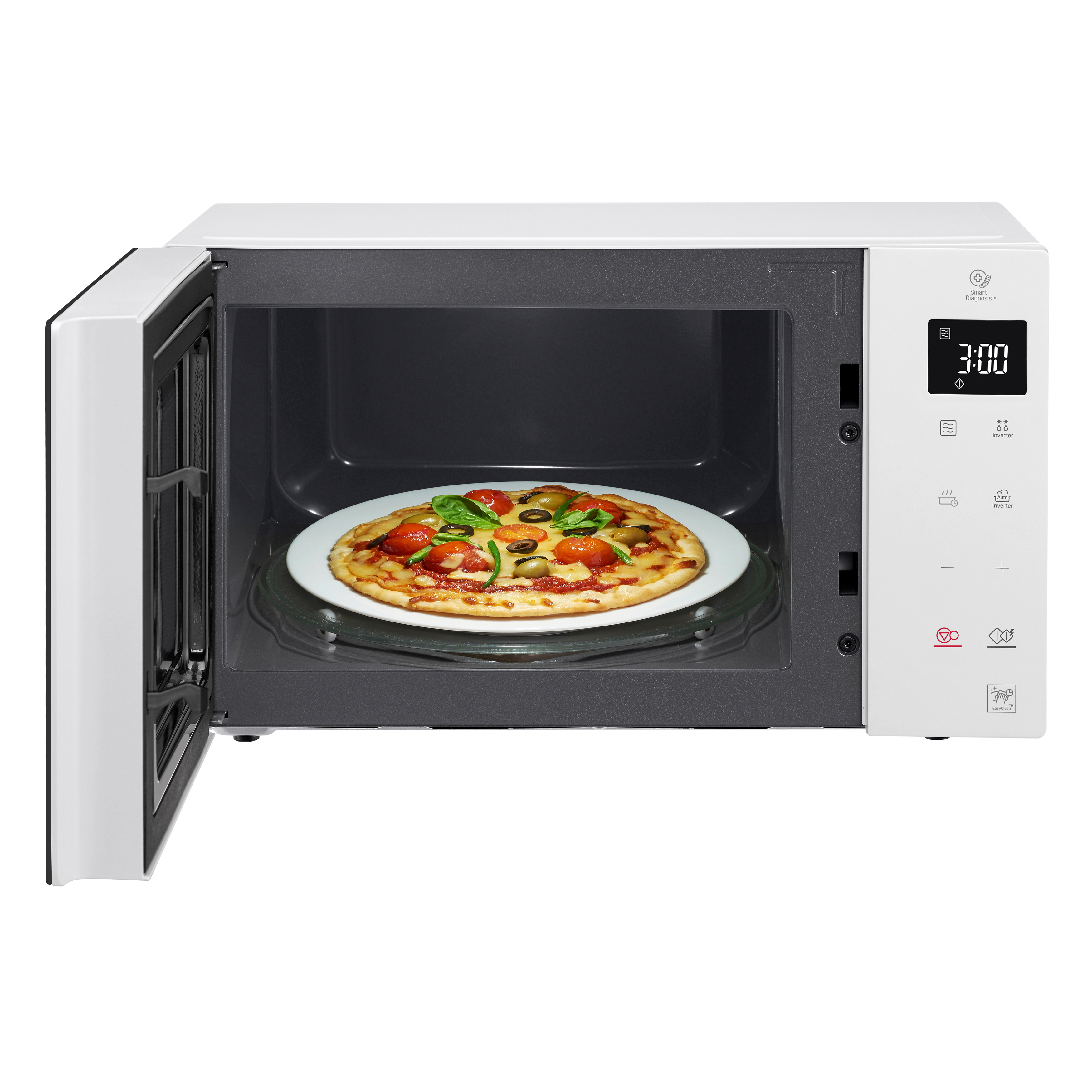 Ein Mikrowellenofen mit einer Pizza darin, die Tür ist offen.