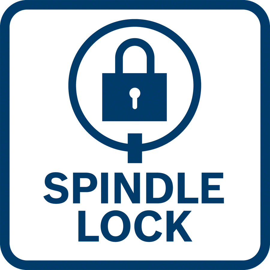 Egy kék négyzet fehér szegéllyel és egy lakatszimbólummal, alatta a SPINDLE LOCK felirattal.