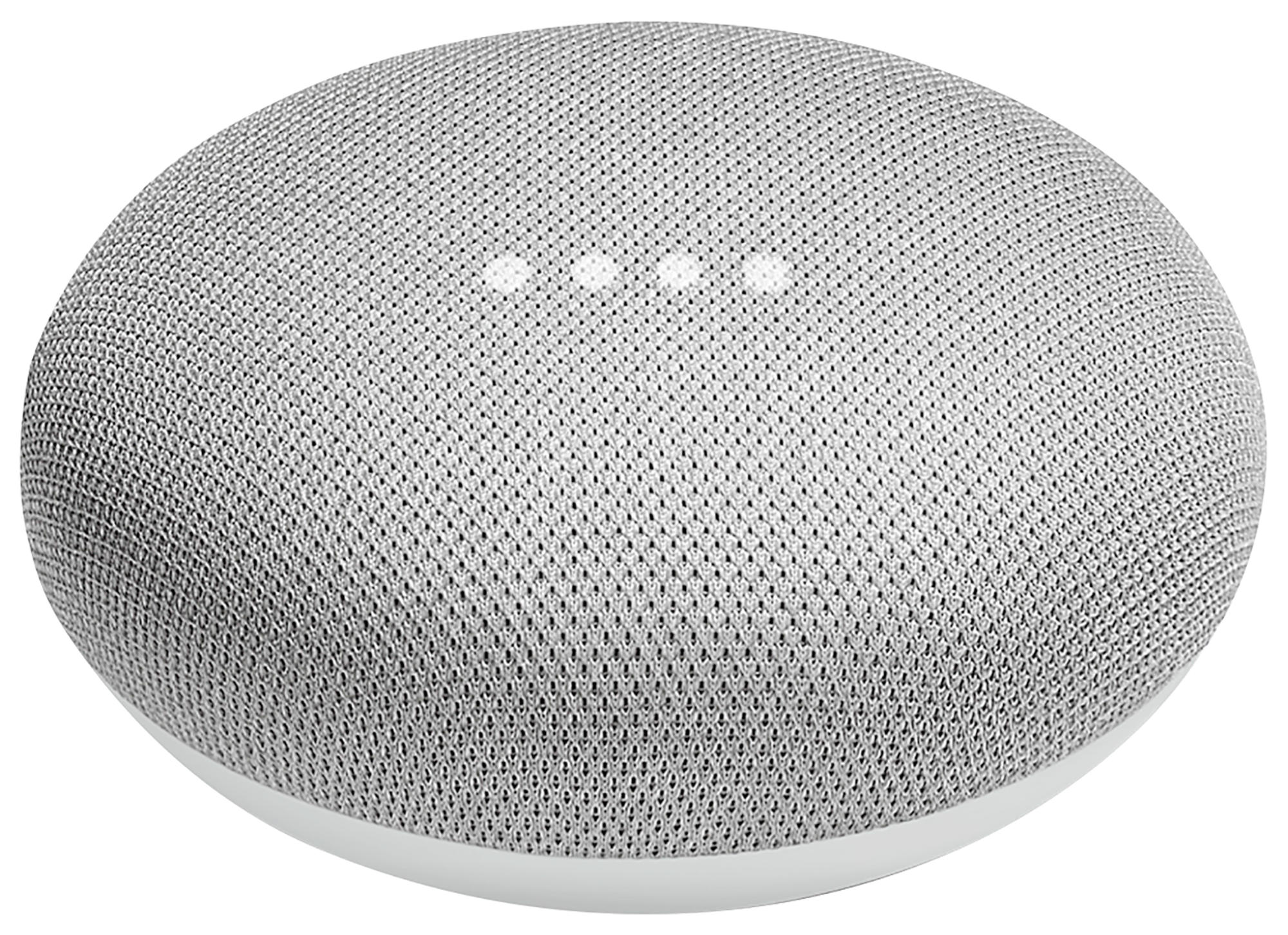 Un altavoz Google Nest Mini blanco. Es una esfera redondeada y aplanada con superficie de malla.