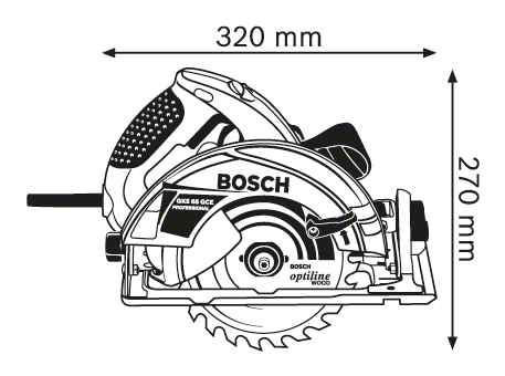 Bosch körfűrész, méretekkel, fehér háttérrel.
