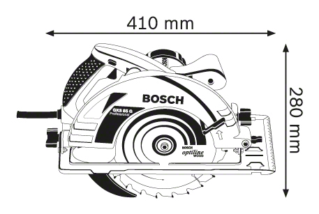 Egy körfűrész vázlatos rajza, 410 mm x 280 mm méretekkel, Bosch márka.