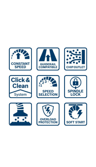 Ikonok a funkciókat mutatják: állandó sebesség, sínekkel kompatibilis, forgács kimenet, stb.
