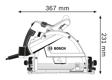 Egy Bosch merülőfűrész, méretekkel mm-ben. Ez egy fekete-ezüst elektromos szerszám.