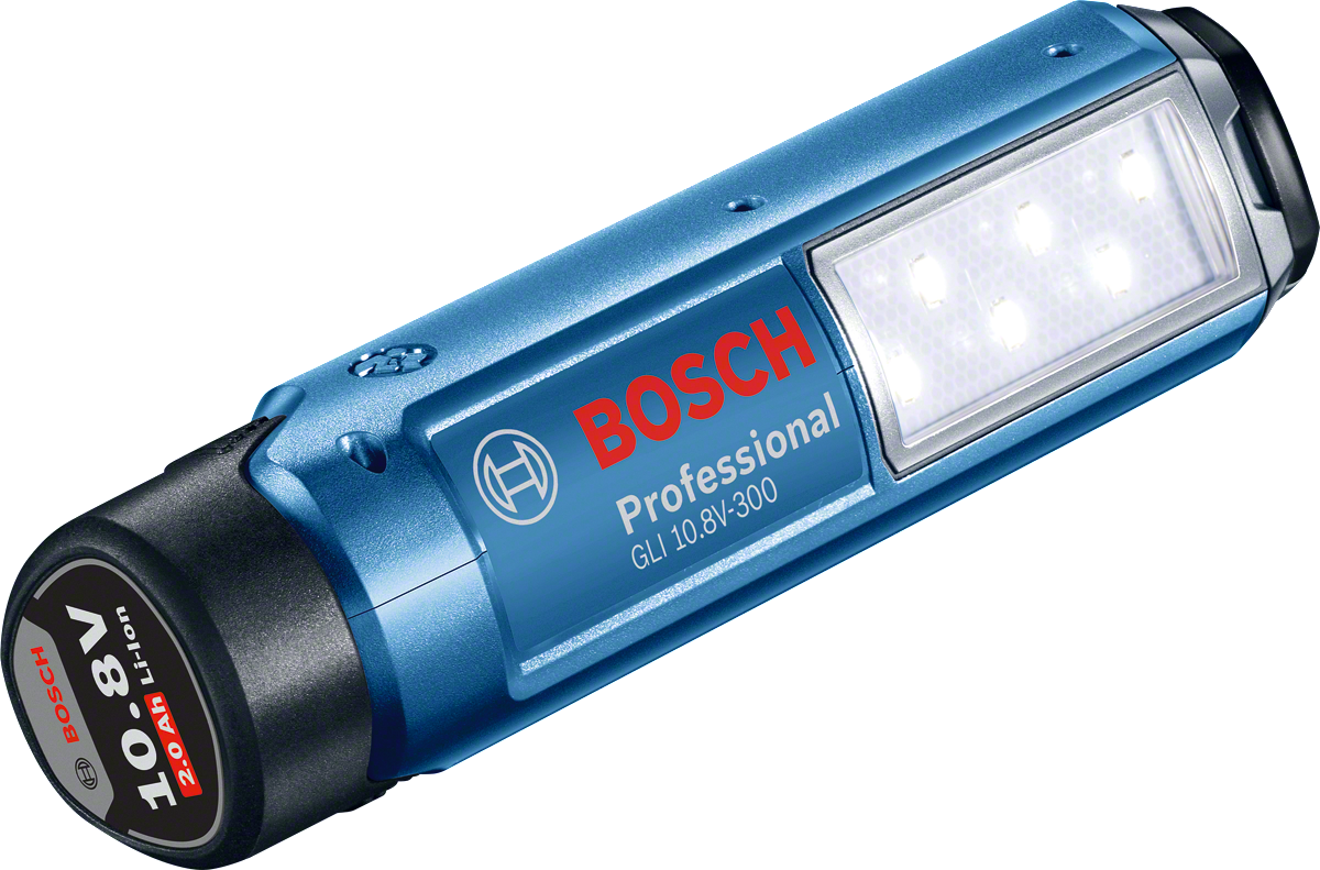Kék Bosch LED munkalámpa. Fekete akkumulátor csatlakoztatva. Márka és specifikációk láthatók.