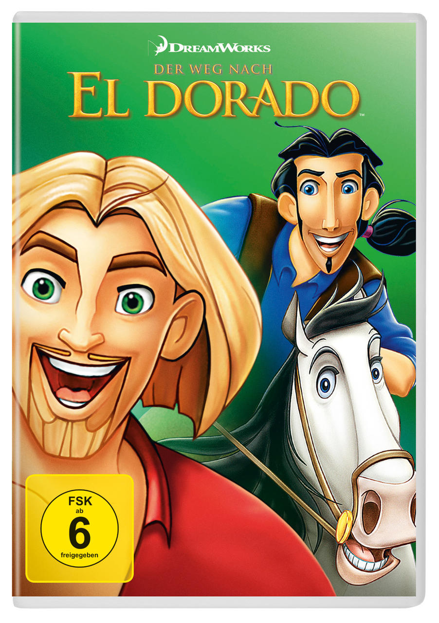 DVD-Cover des Animationsfilms 'El Dorado'. Zwei animierte Männer und ein weißes Pferd.