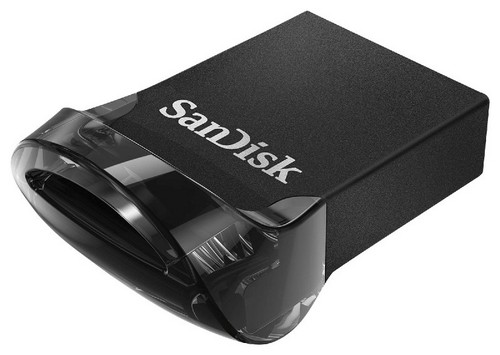 Clé USB SanDisk noire. Elle a une extrémité en plastique transparent. Fond blanc.