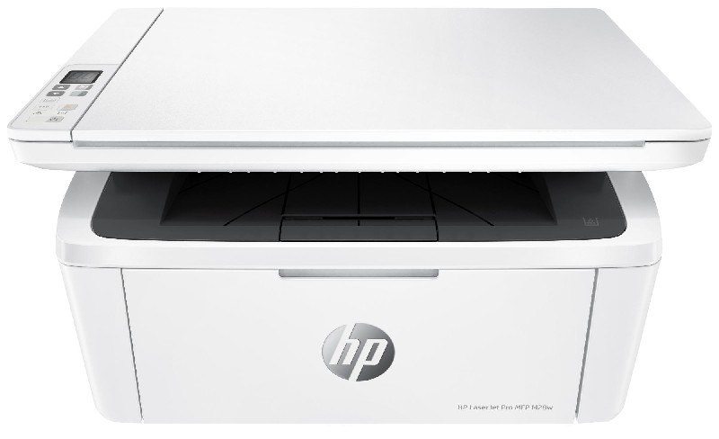 Impresora HP Laserjet blanca, escáner arriba, con el logotipo de HP en el centro.