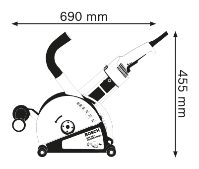 Egy Bosch szerszám diagramja, 690 mm szélességű és 455 mm magas méretekkel.