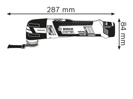 Többfunkciós szerszám műszaki rajza, méretekkel: 287 mm hosszú és 84 mm magas.