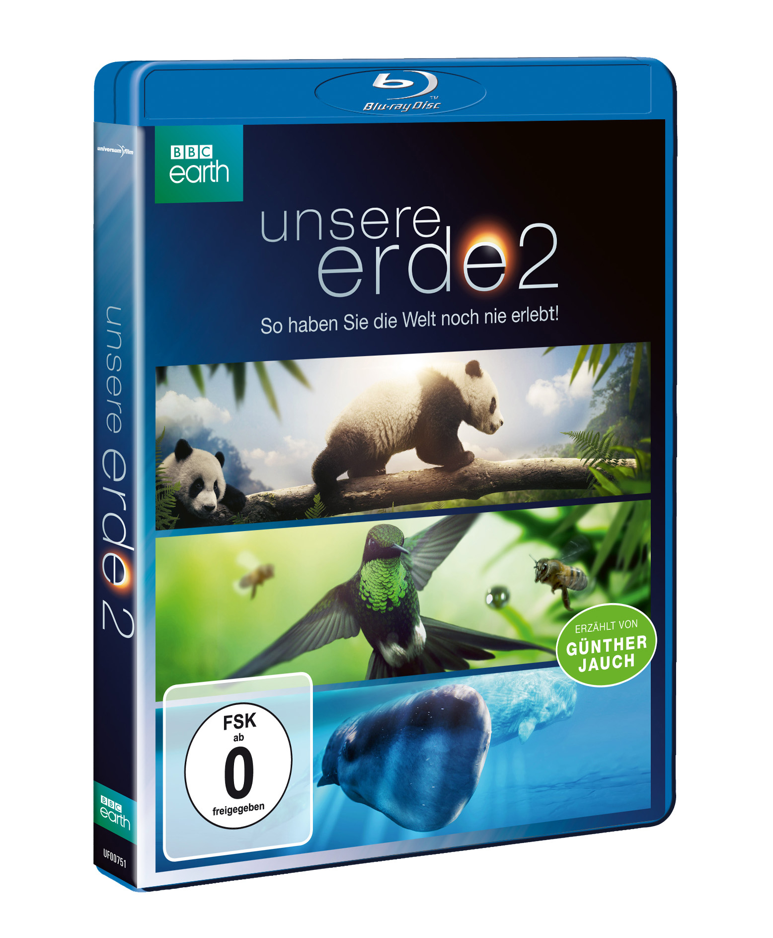 Eine Blu-ray-Disc-Hülle mit drei Tieren: Panda, Kolibri und Pinguin.
