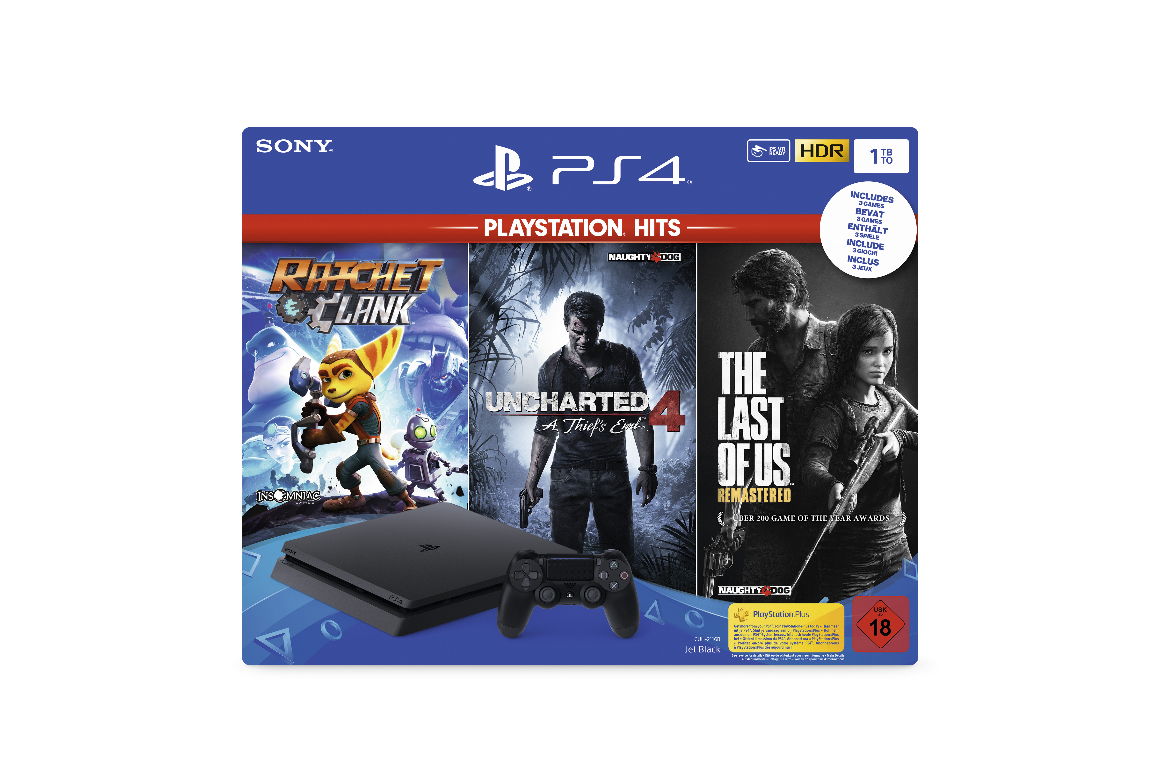 SONY PlayStation 4 1TB Schwarz + The Last of Us Remastered + Uncharted 4 + Ratchet & Clank