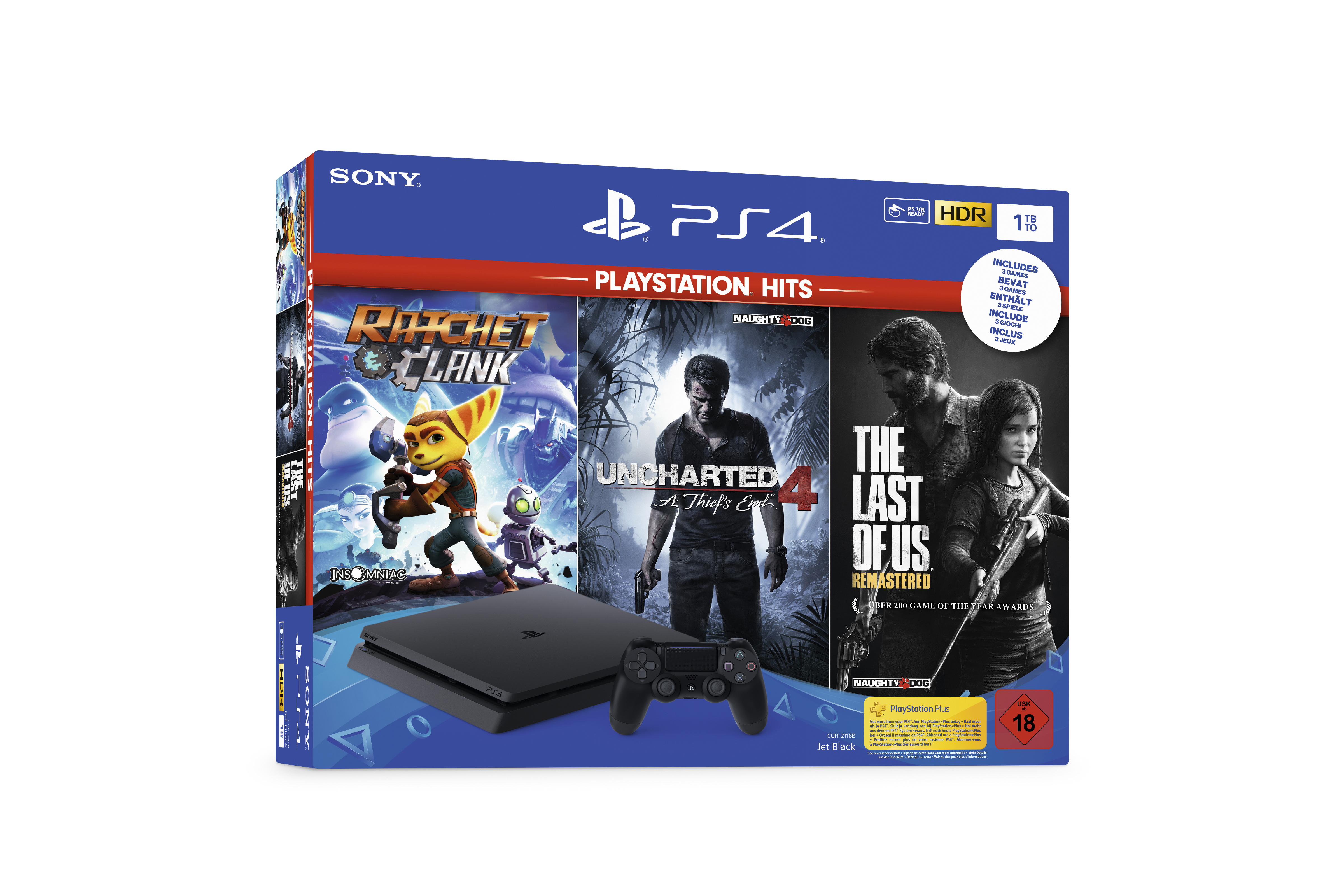 SONY PlayStation 4 1TB Schwarz + The Last of Us Remastered + Uncharted 4 + Ratchet & Clank