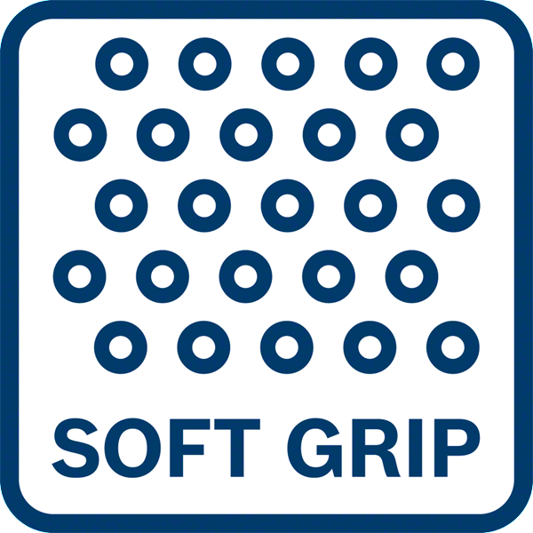 Egy fehér négyzet kék körökkel és a 'SOFT GRIP' felirattal kék színben.