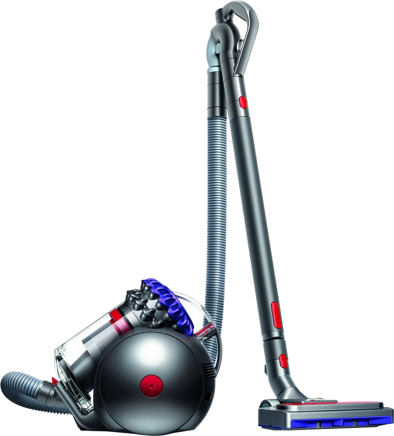 Dyson stofzuiger. Zilveren behuizing en zwarte handgreep. Blauwe en rode accenten. Geïsoleerd op zwart.