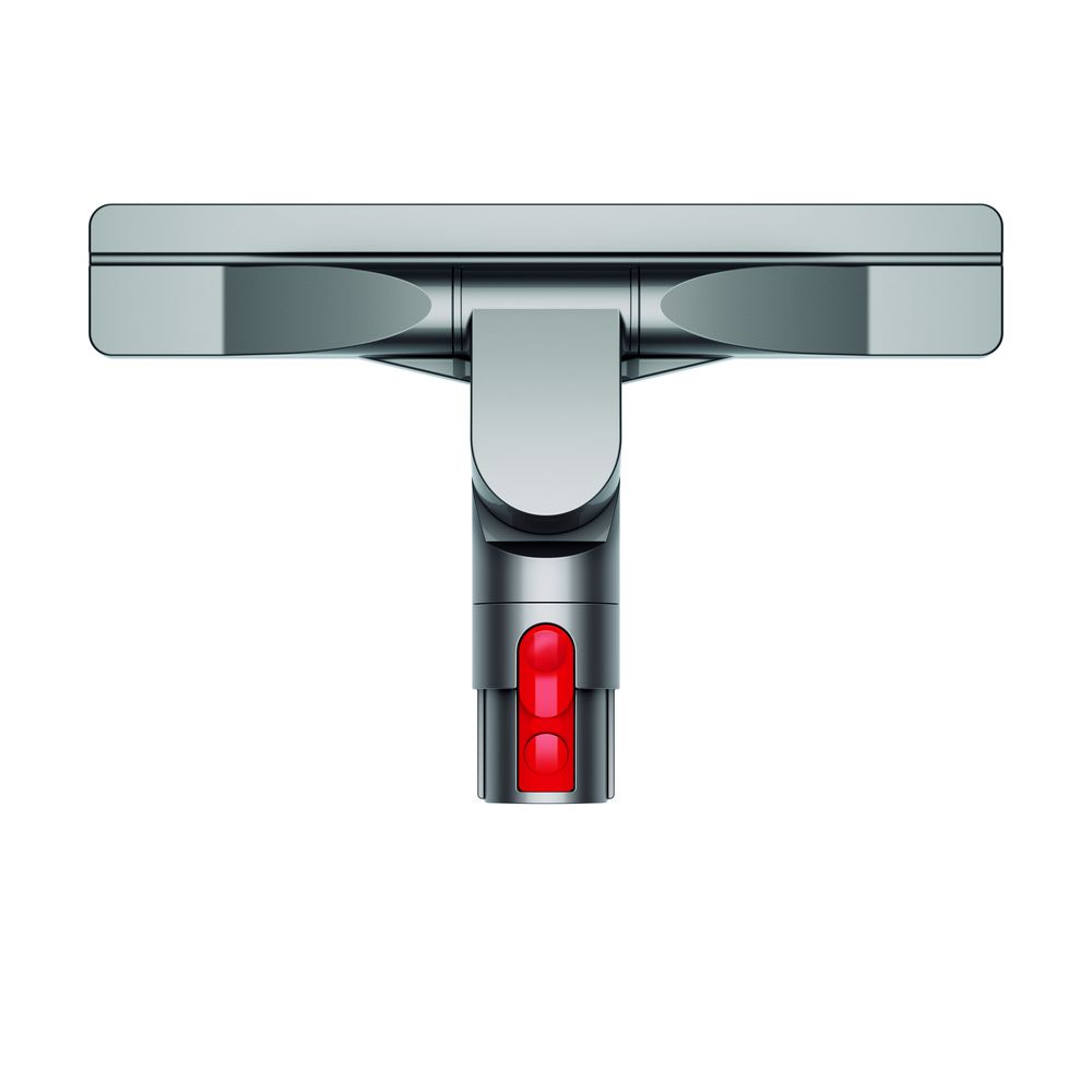Gros plan d'une tête d'aspirateur avec détail de bouton rouge, sur fond blanc.