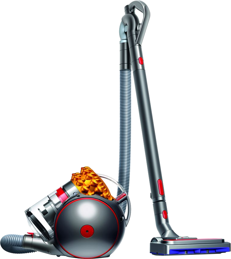 Dyson stofzuiger, zilver en rood. Afgeronde behuizing, lange steel en slang. Zwarte achtergrond.