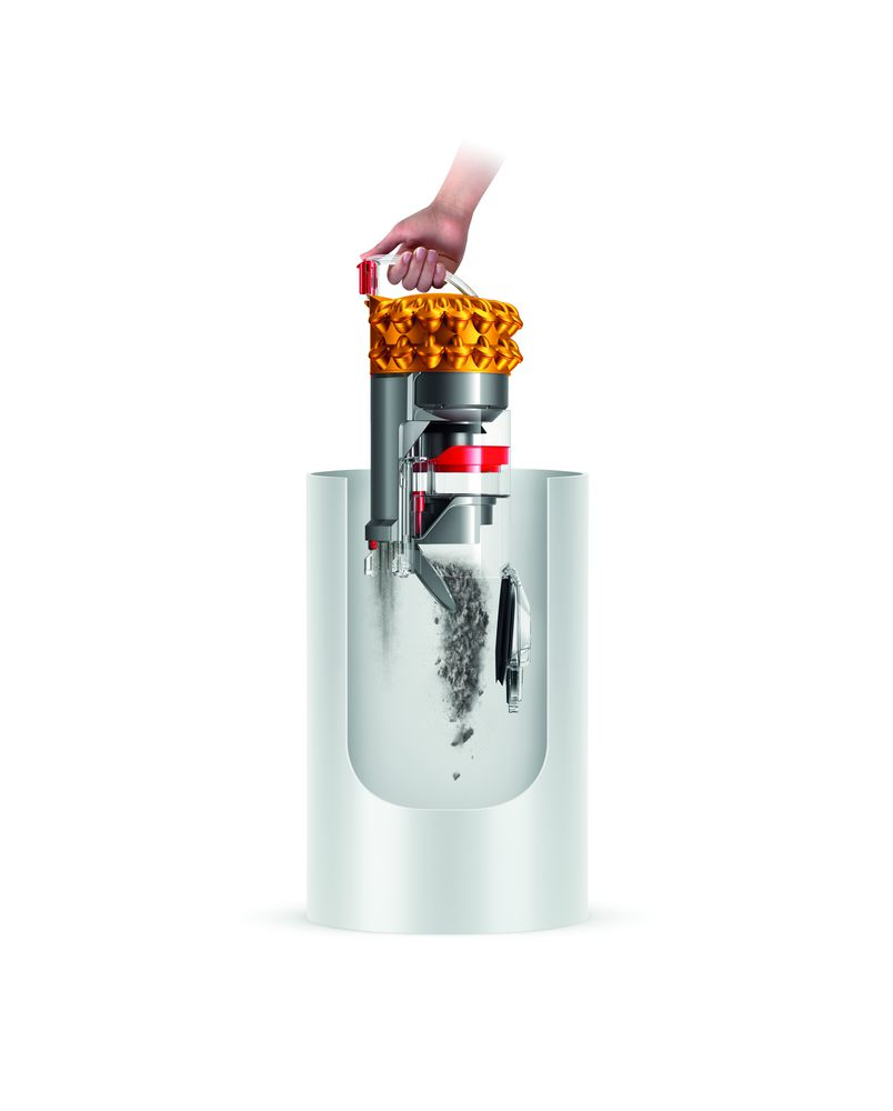 Dyson stofzuiger doorsnede die stof en vuil laat zien in een heldere, cilindrische opvangkamer.