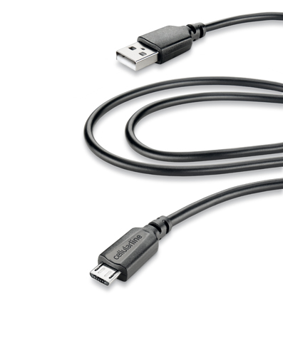 Siyah USB şarj kablosu, USB ve micro-USB konektörleri.