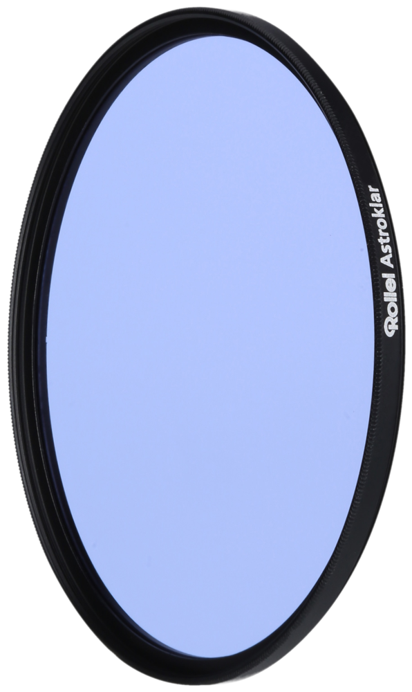 Filtre bleu circulaire. Cadre noir, verre bleu clair transparent.